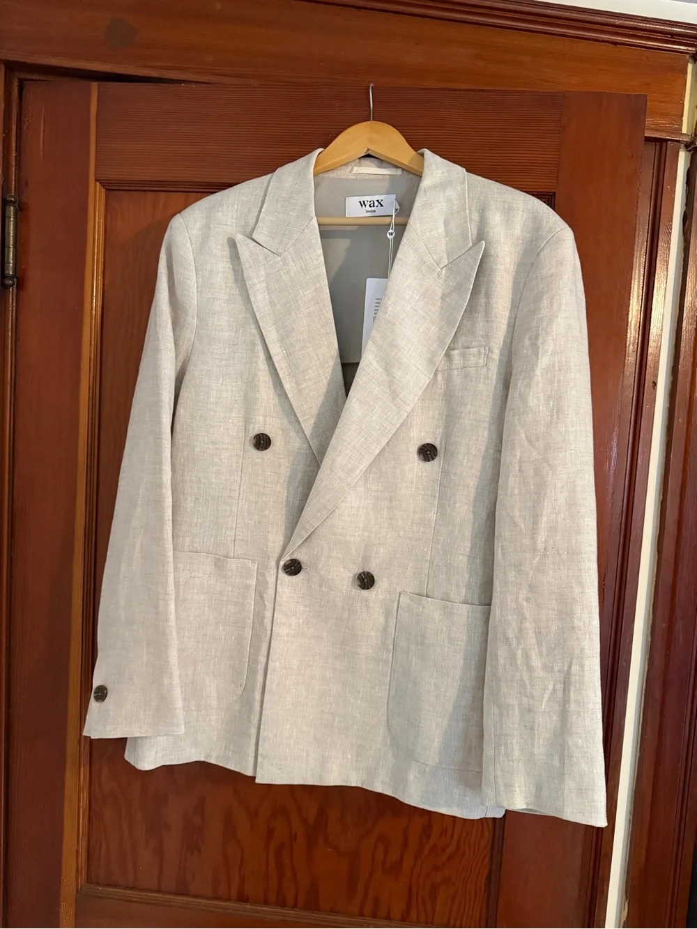 WAX Light Beige Double-Breasted Linen Blazer